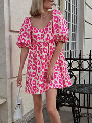 Casual Puff Sleeve Loose Print Mini Dress