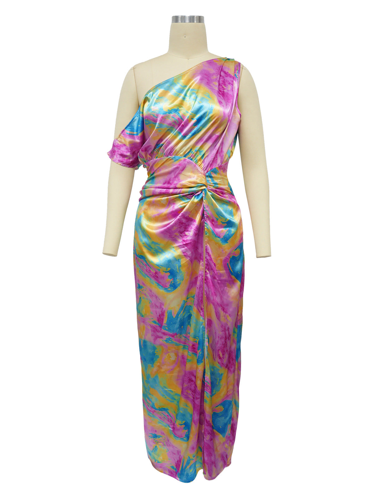 Sexy Tie-Dye Print Skew Shoulder High Slit Long Dress