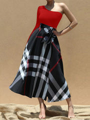 Causal One Shoulder Plaid Print High Waist Slit Dress