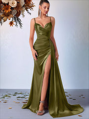 Satin V Neck Lace Up Back Slit Maxi Dress
