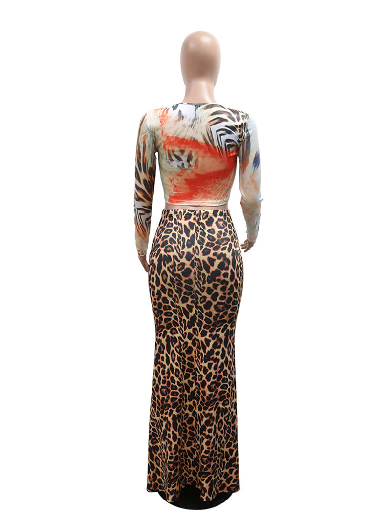 Leopard Print Round Neck Crop Top Slim Skirt Two Piece