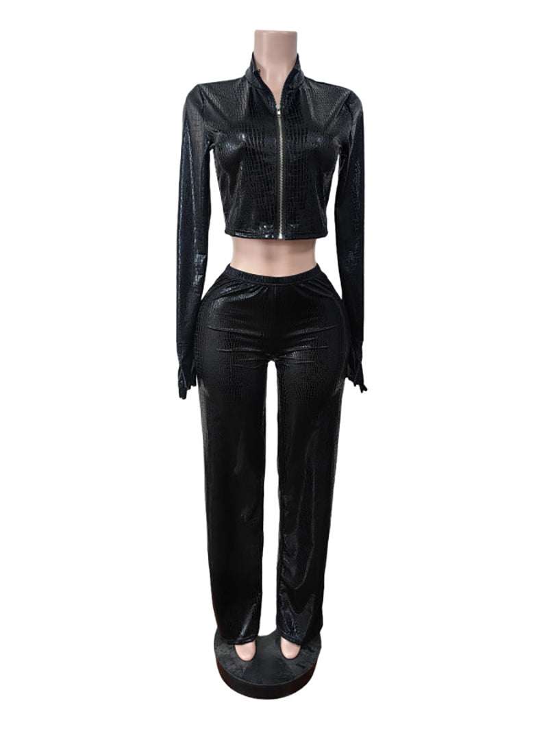 Fashion PU Leather Zipper Crop Top Pants Two Piece Set