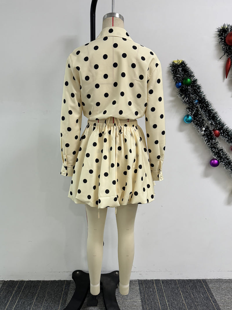 Polka Dots Print Lace-Up Cropped Shirt Bubble Skirt Set