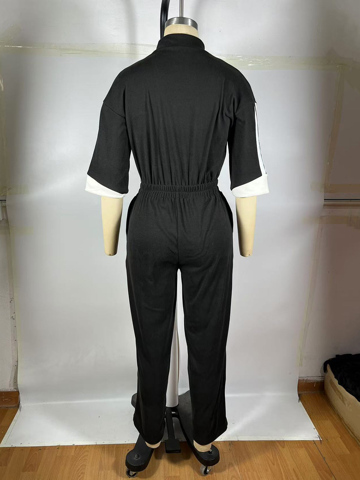 Fashion Stand Collar Zip-Up Striped Jumpsuit