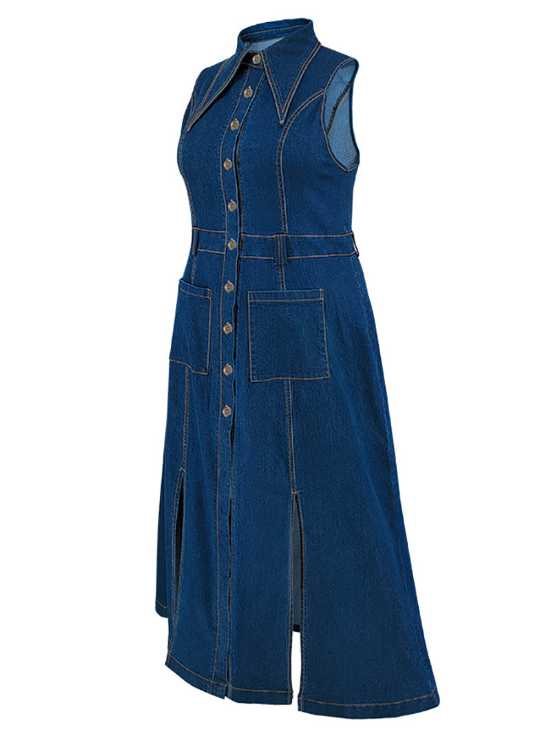 Fashion Single breasted Sleeveless Denim Dress