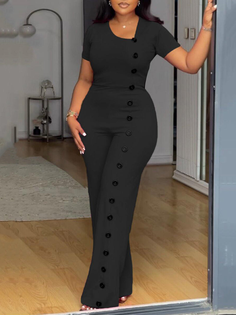 Irregular Neckline Slim Waist Button Wide Leg Jumpsuit