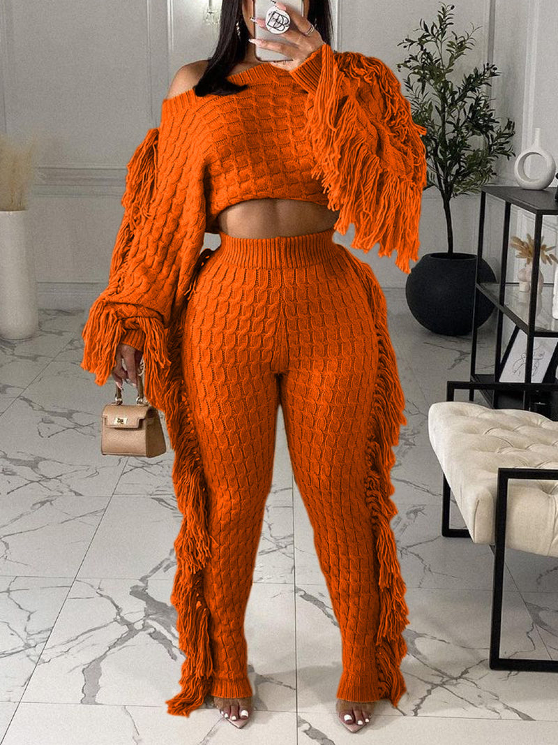 Fashion Knit Tassels High Waist Trousers Sets