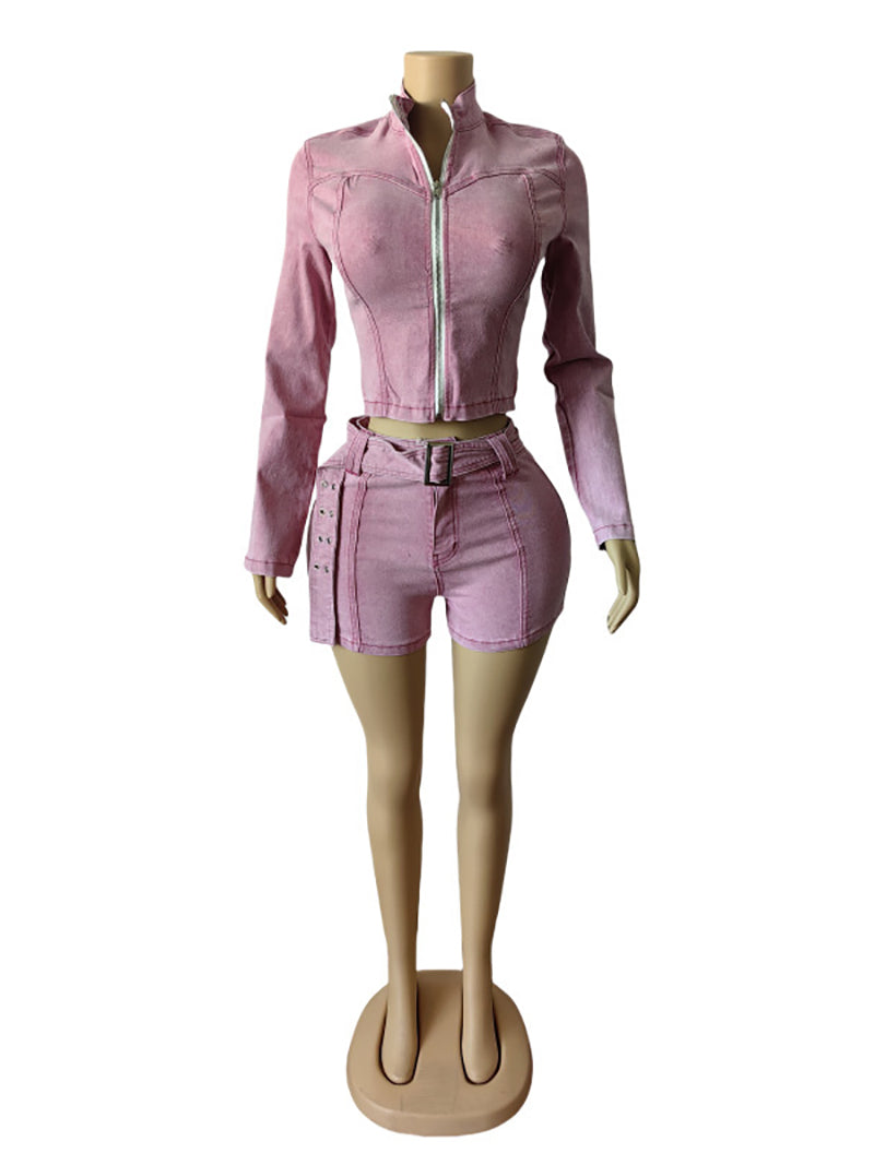 Fashion Stretch Zipper Denim Jacket Shorts Sets