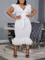 Elegant V Neck Lace-up Mesh Patchwork Midi Dress