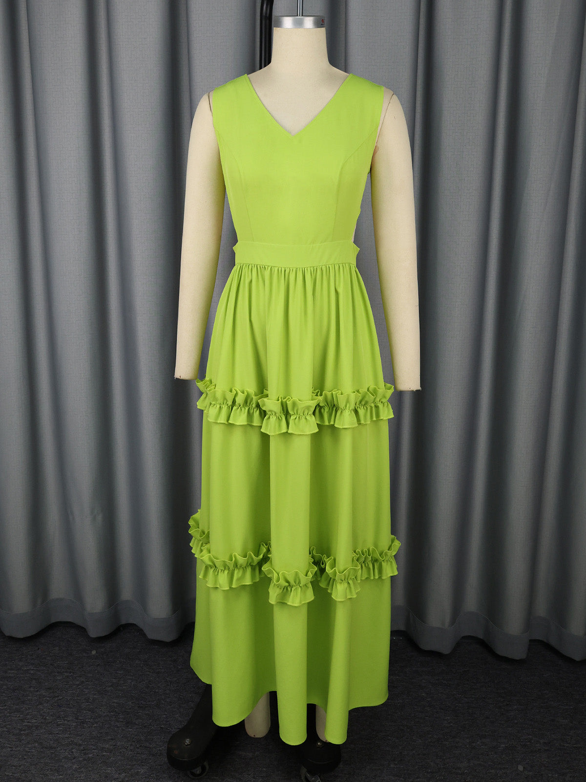 V Neck Sleeveless Ruffles High Waist Hollow Maxi Dress