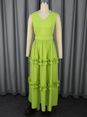 V Neck Sleeveless Ruffles High Waist Hollow Maxi Dress