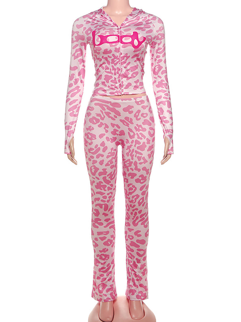 Casual Letter Leopard Print Zip Hooded Top Pants Sets