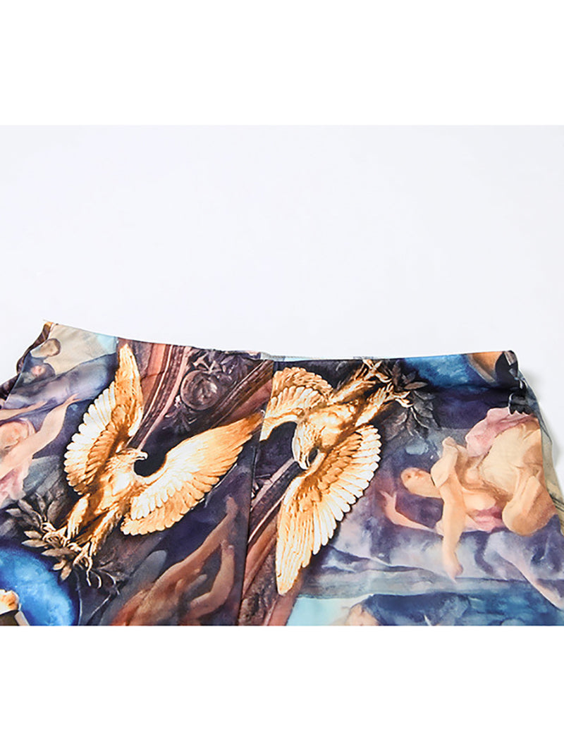 Sexy Print Crop Top Tight Pant Club Two Piece Set