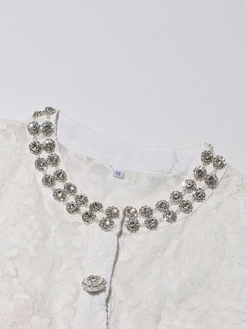 Elegant Rhinestone Embellished Lace Midi Skirt Sets