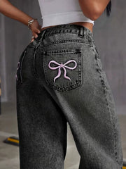 Bow Embroidered High Waist Wide Leg Jeans