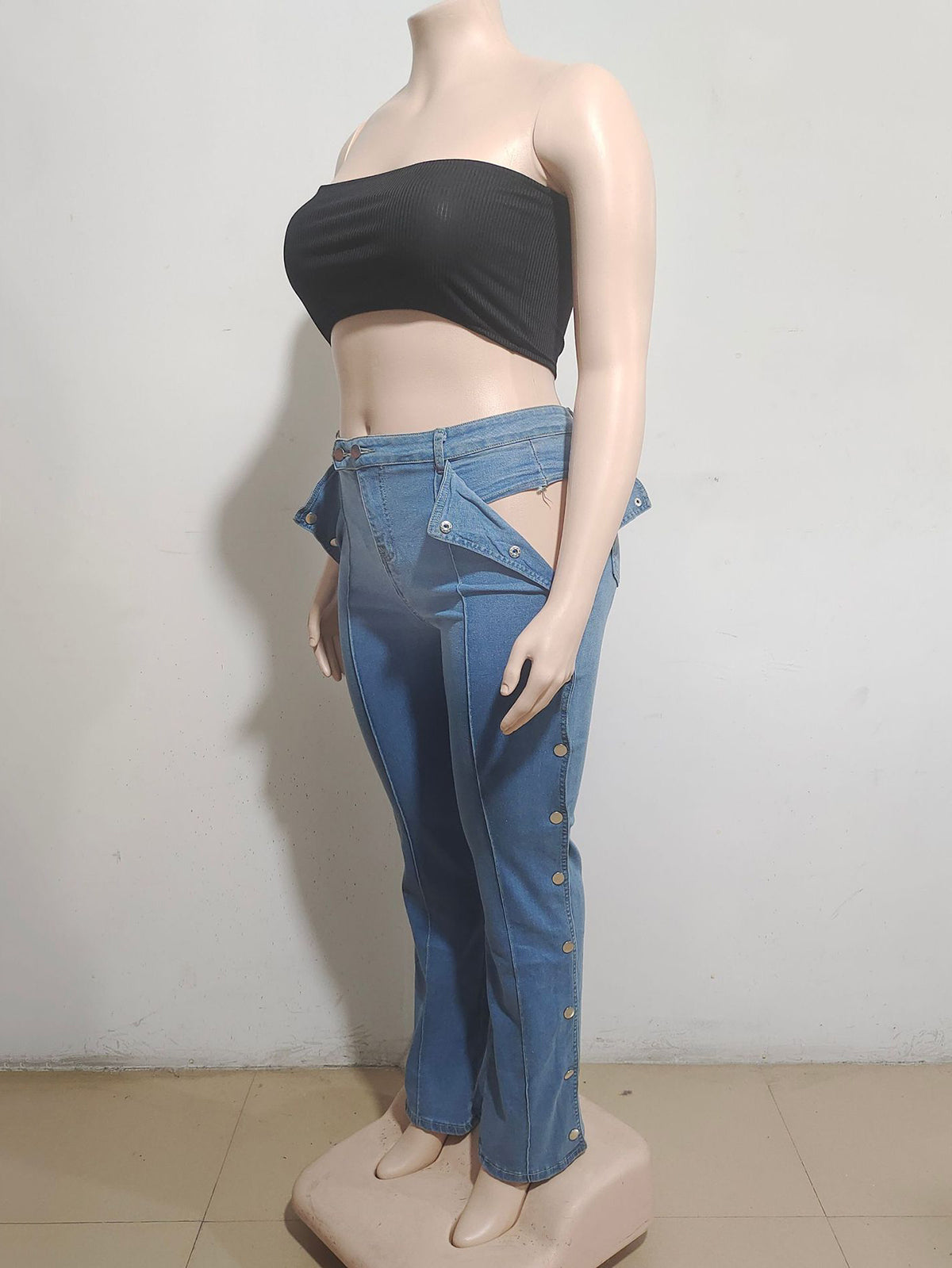 Casual High Waist Side Button Down Split Straight Jeans