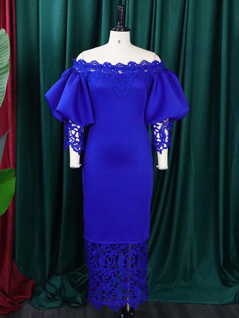 Elegant Off Shoulder Puff Sleeve Patchwork Lace Dress