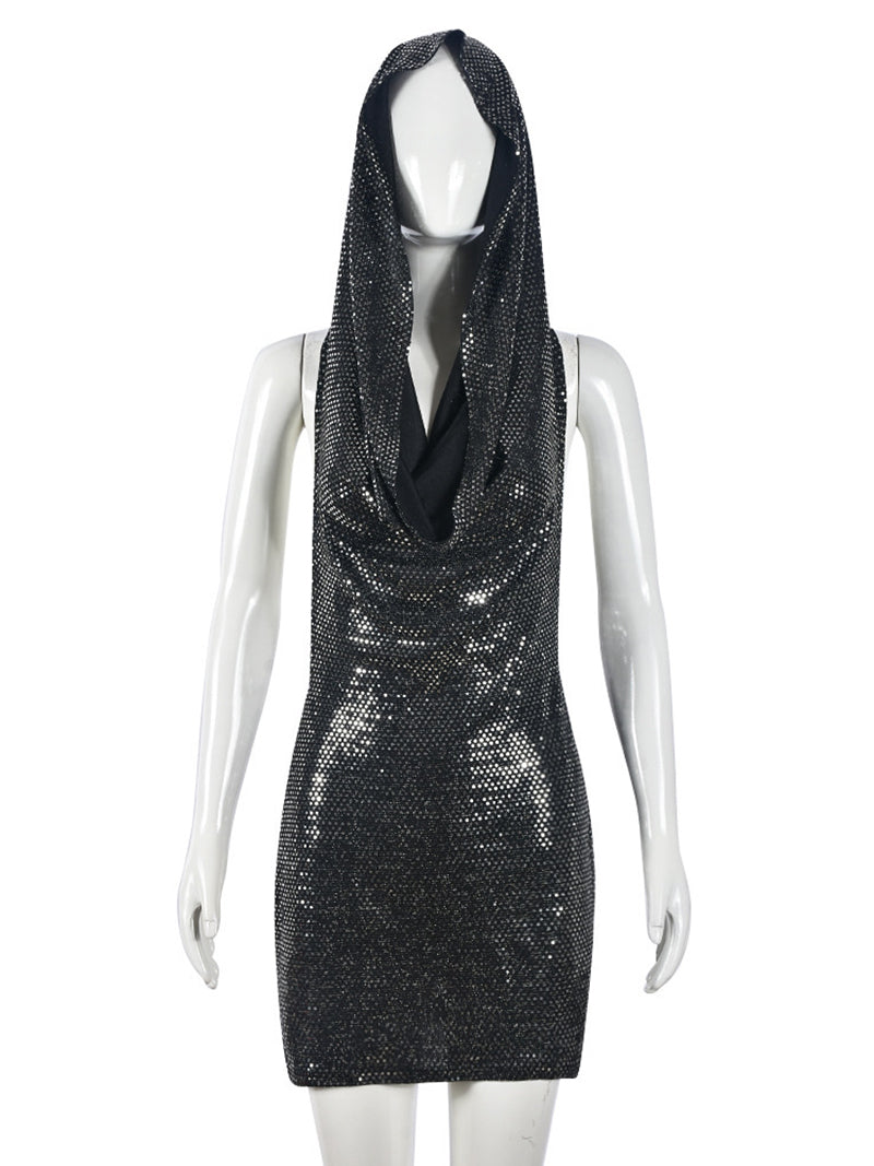 Nightclub Style Sequins Hooded Backless Mini Dress