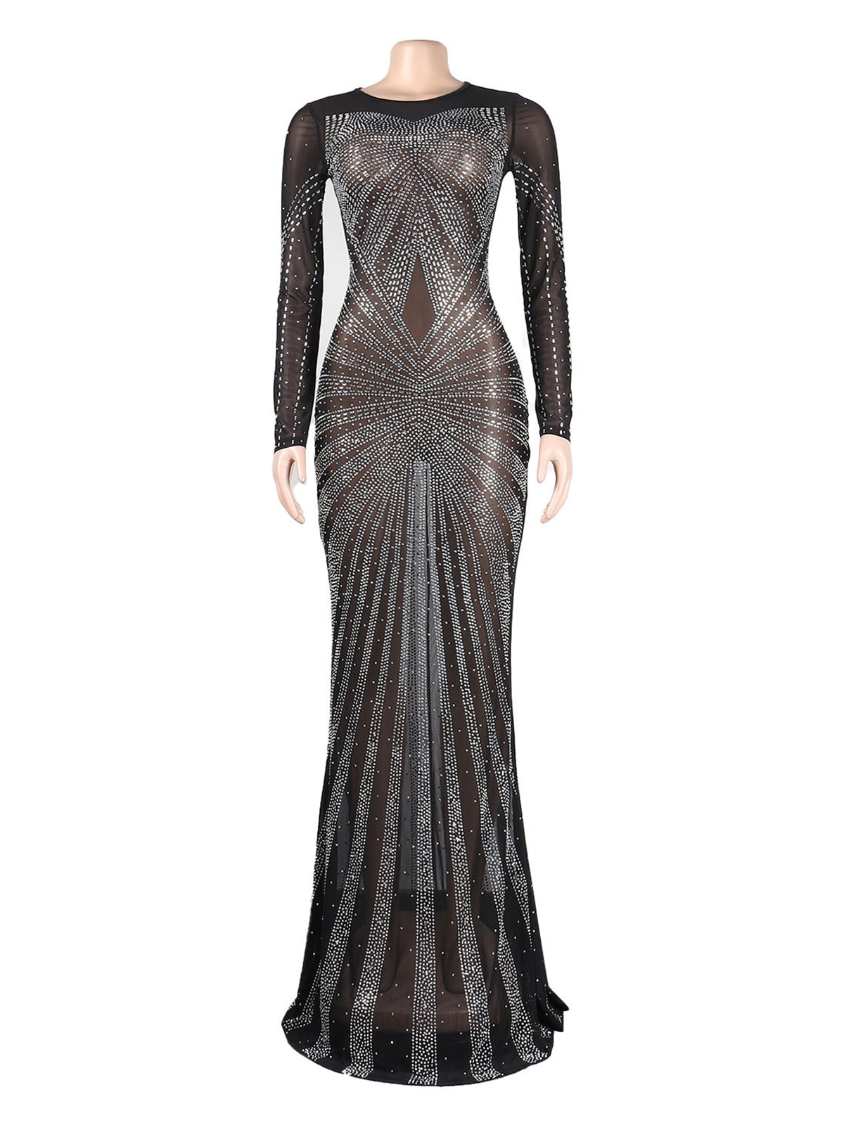 Rhinestone Sheer Mesh Patchwork Slim Maxi Dress