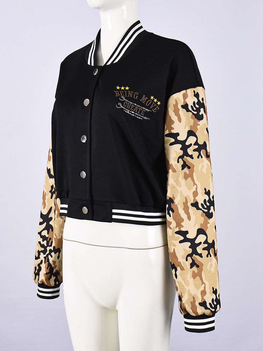 Casual Camouflage Patchwork Varsity Jacket
