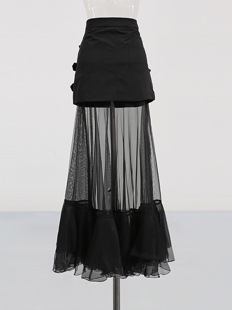 Fashion Patchwork Sheer Mesh Solid Maxi Skirt