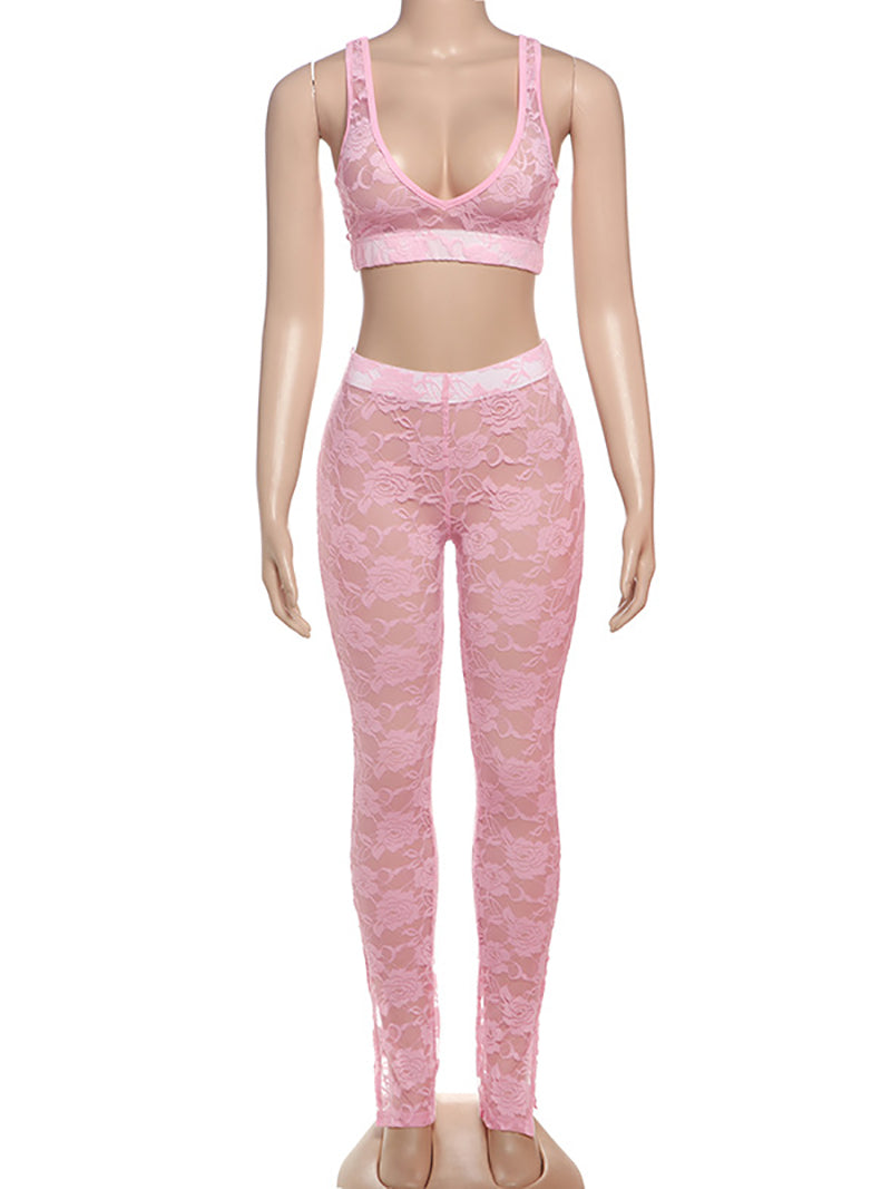 Sexy Lace See through Crop Vest Skinny Pants Set