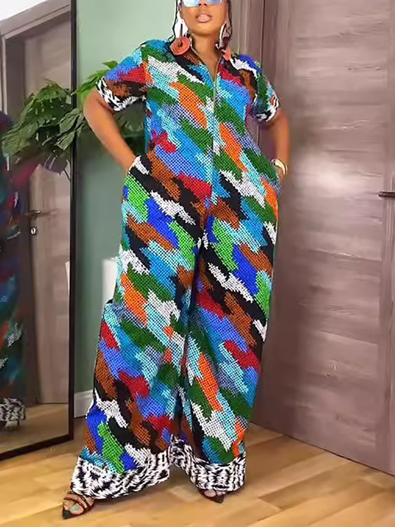 Casual Print Zipper Wide Leg Jumpsuit