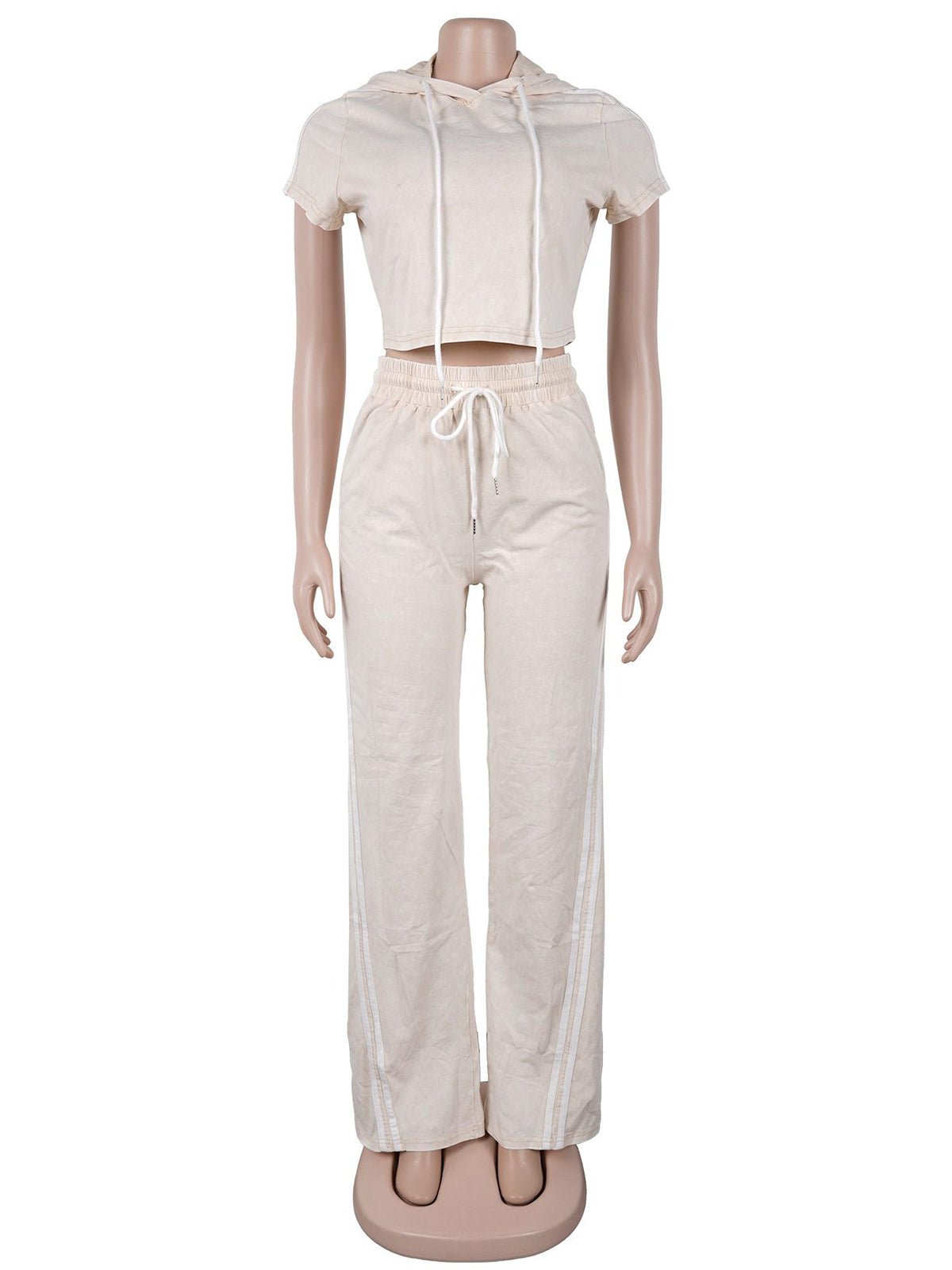 Casual Wash Cropped Hooded T Shirt and Pants Set