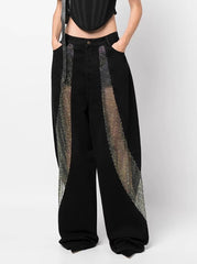 Hollow Out See through Mesh Laser Rhinestone Jeans