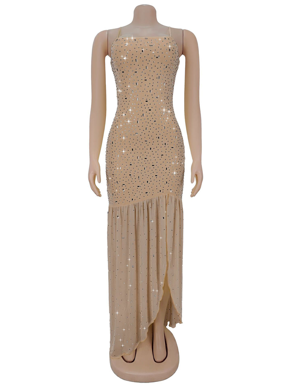 Sexy Spaghetti Strap Rhinestone Mesh Maxi Dress