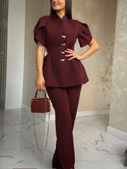 Elegant Petal Sleeve Slim Tops And Straight Pants Set
