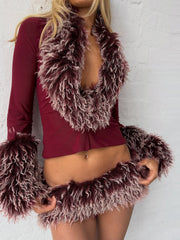 Faux Fur Trim Crop Top and Mini Skirt Set