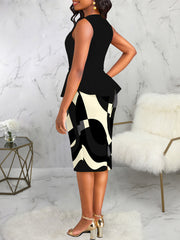 Fashion Round Neck Print Ruffled Sleeveless Midi Dress