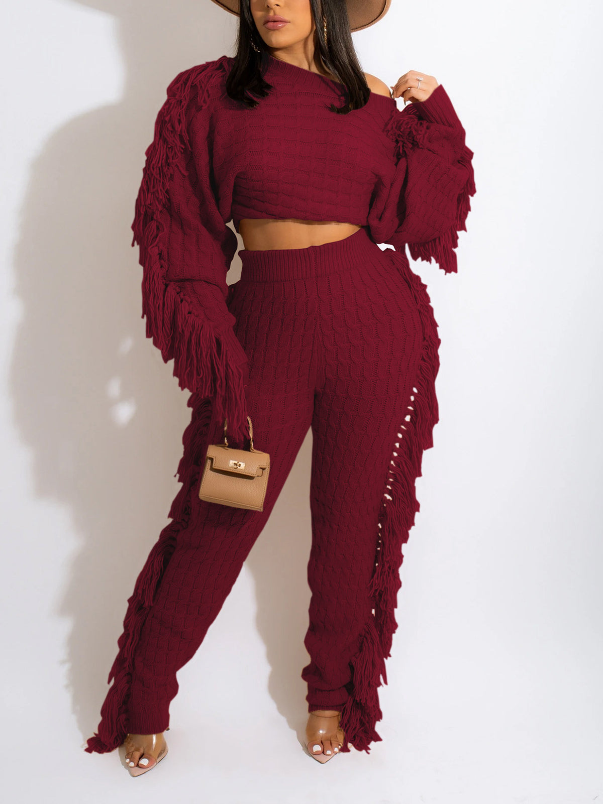 Fashion Knit Tassels High Waist Trousers Sets