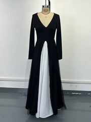 Elegant Color Block V Neck Long Sleeve Slim Maxi Dress