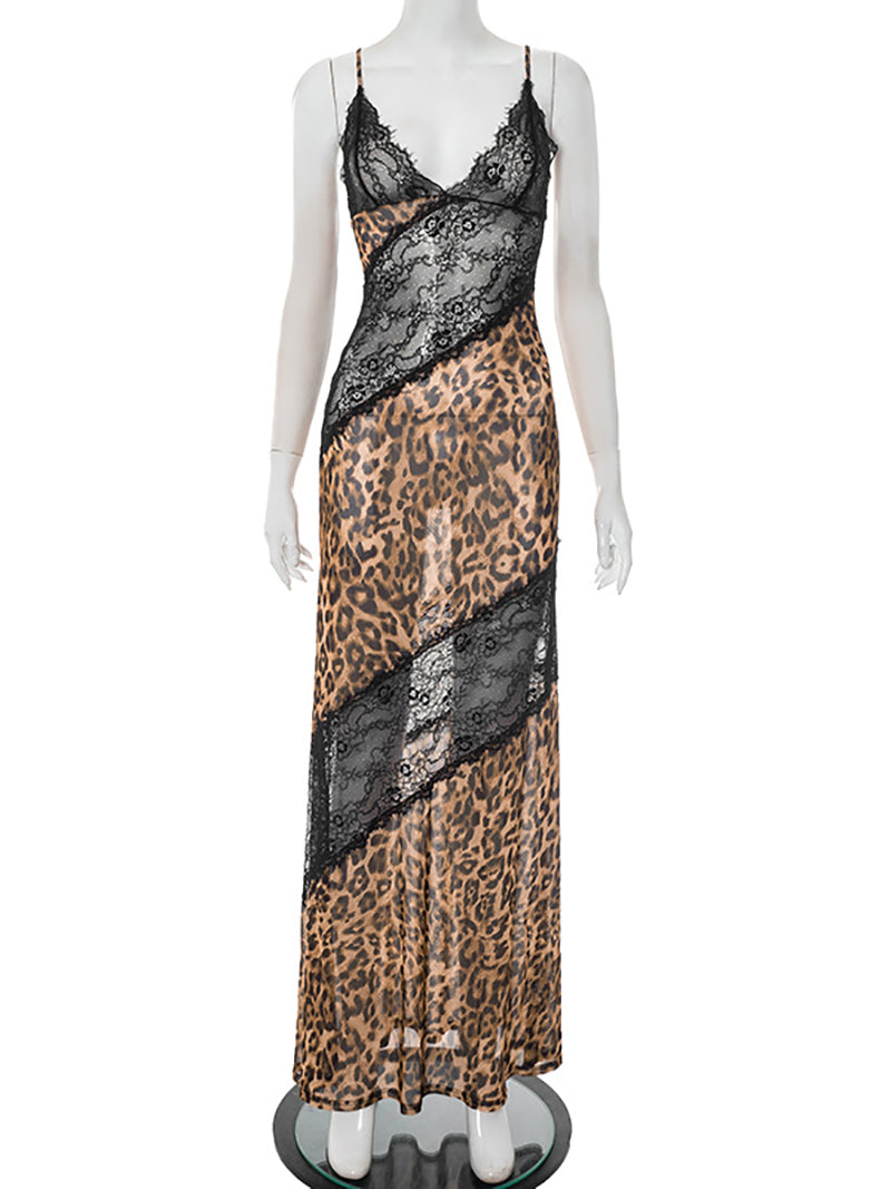 Sexy Leopard Lace Patchwork Chiffon Maxi Dress