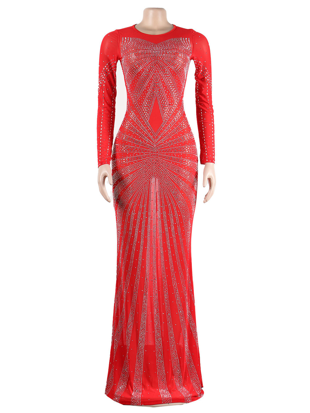 Rhinestone Sheer Mesh Patchwork Slim Maxi Dress