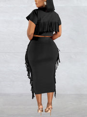 Round Neck Crop Top Tassels Skirts Casual Set