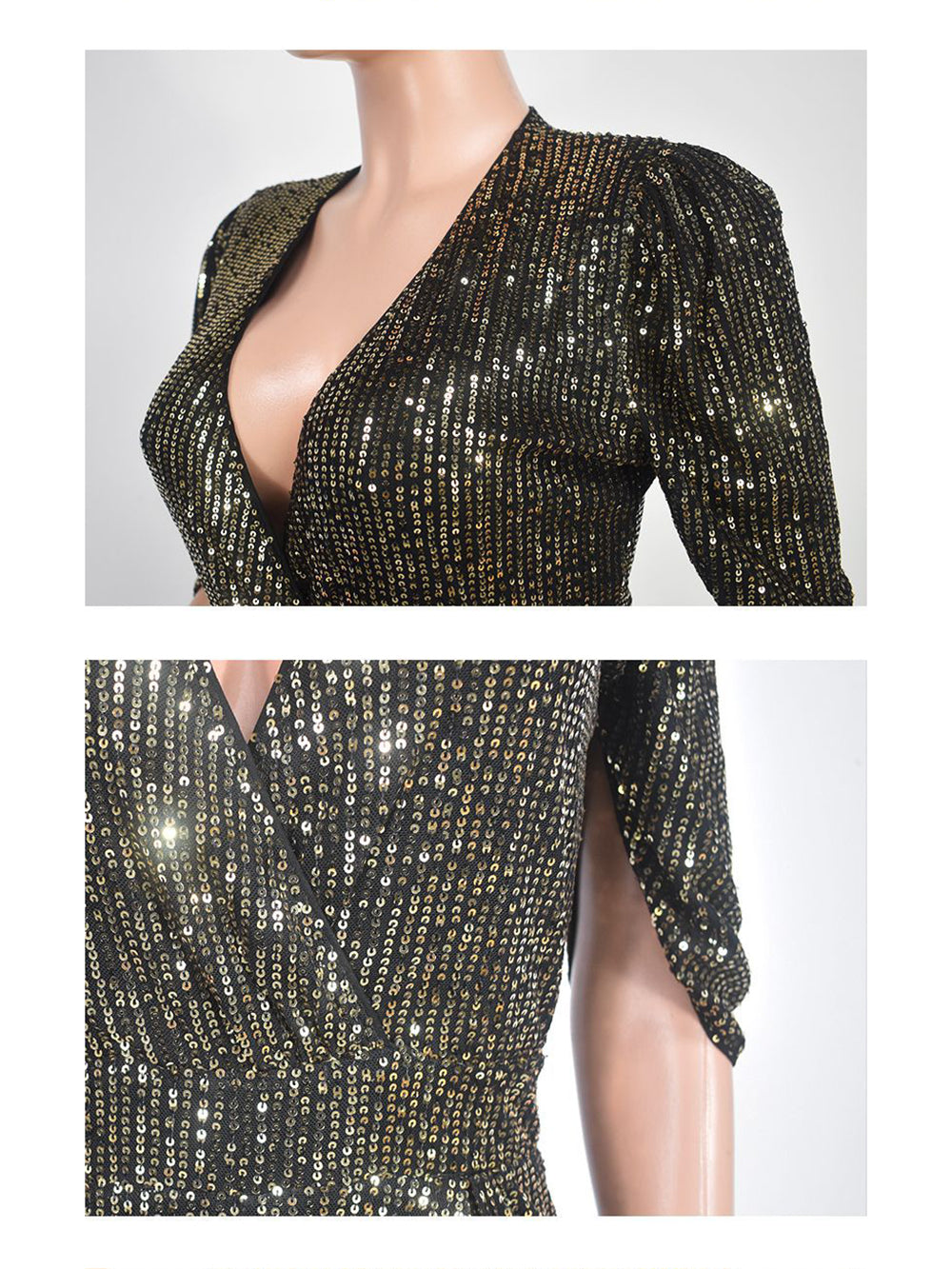 Fashion Sequins V Neck Bubble Sleeves Jumpsuit