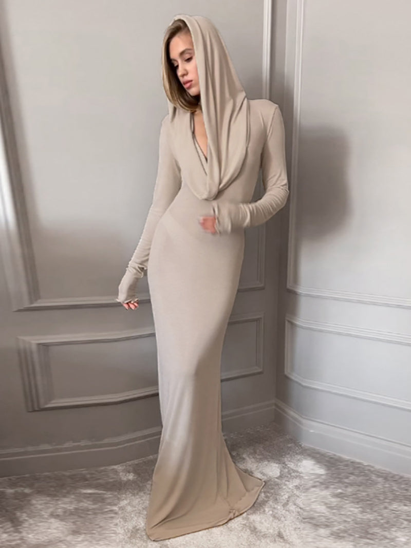 Fashion Swinging Collar Hooded Sleeve Maxi Dress