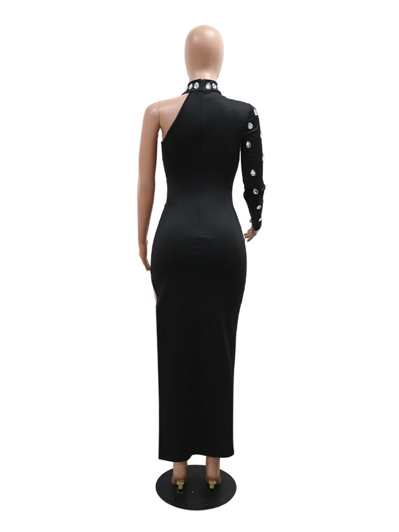 Round Neck Rhinestone High Slit Single Sleeve Dress