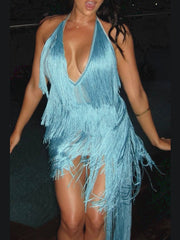 Halter Fringe High Low Evening Dress