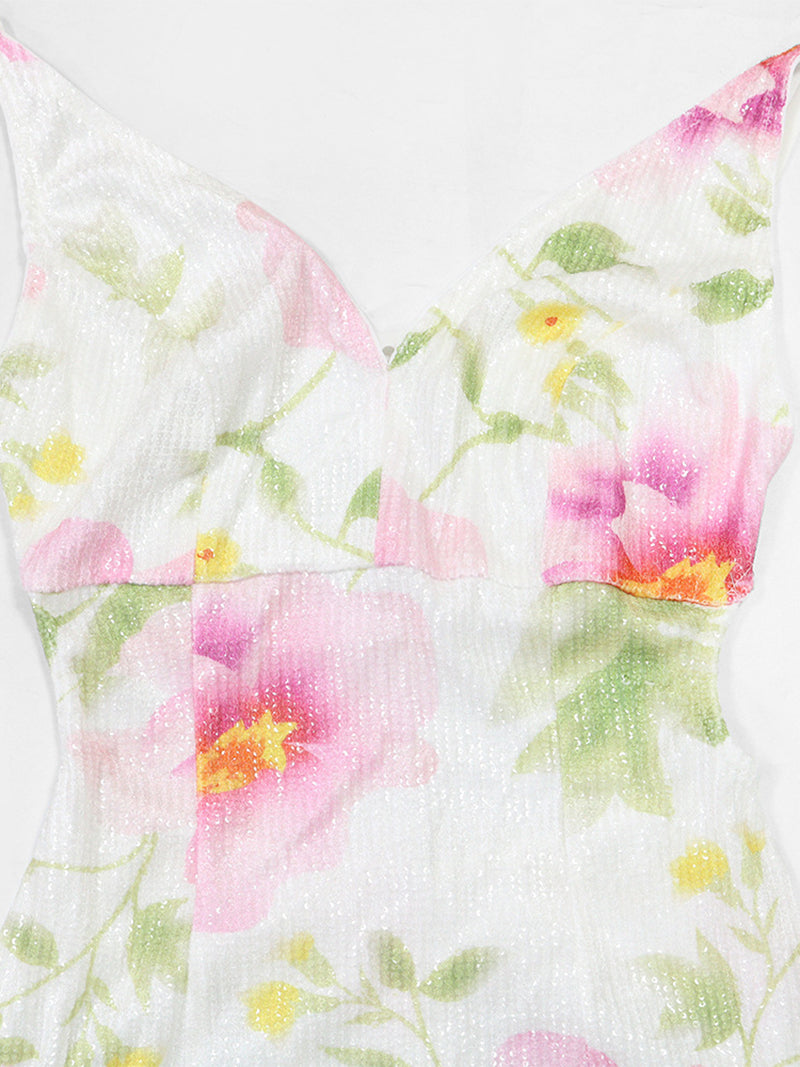 Sexy Sling Floral Print Sequin Backless Slit Maxi Dress