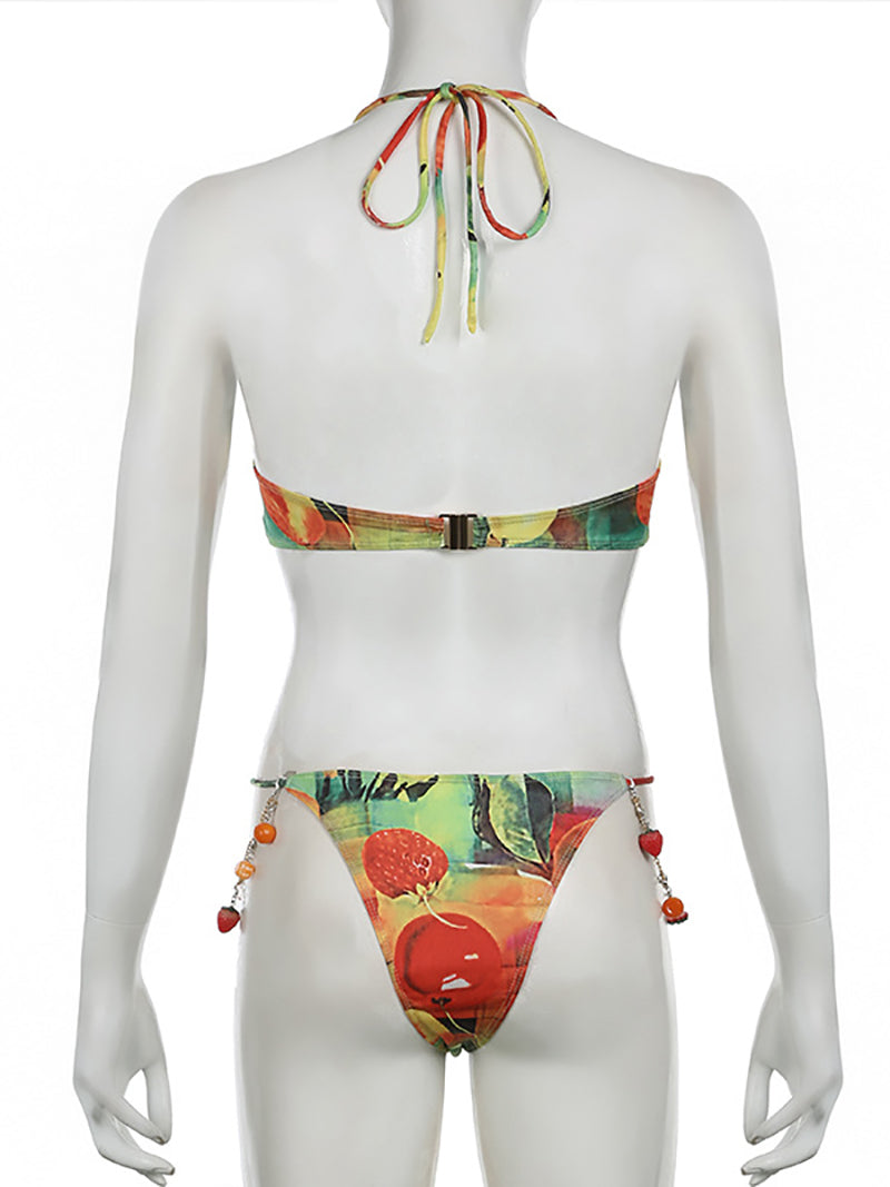 Floral Knot Detail Halter Thong Bikini Swimsuit