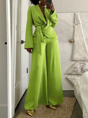 Belted Blazer and Wide Leg Pants Set