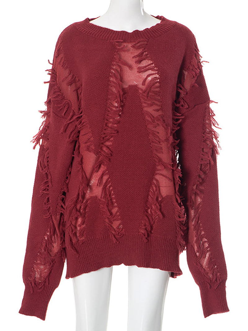 Fashion Round Collar Fringe Loose Pullover Sweater