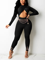 Sexy Hollow Out Cross O Neck Skinny Jumpsuit