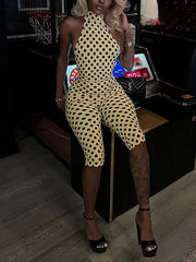 Sexy Polka Dot Halter Backless Capri Jumpsuit
