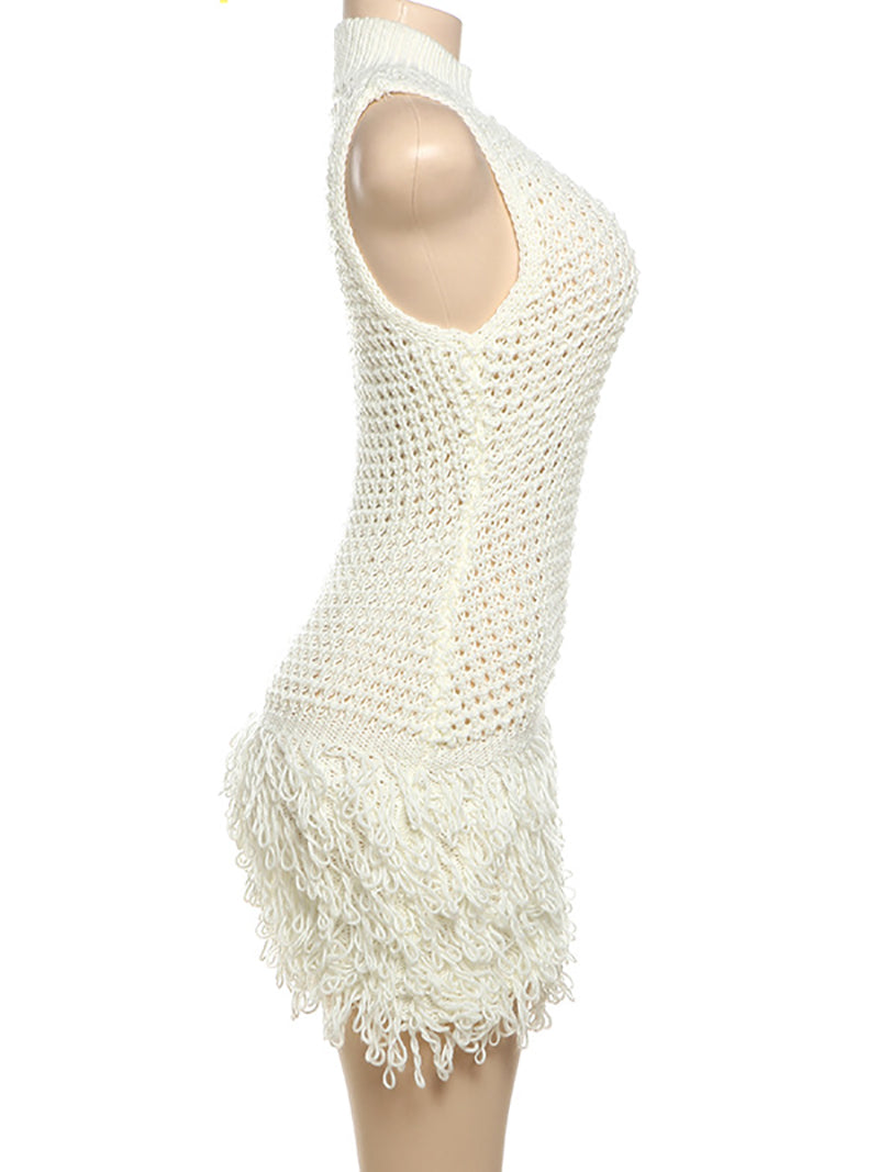 Sexy Sleeveless Fringe Hem Open Knit Sweater Dress