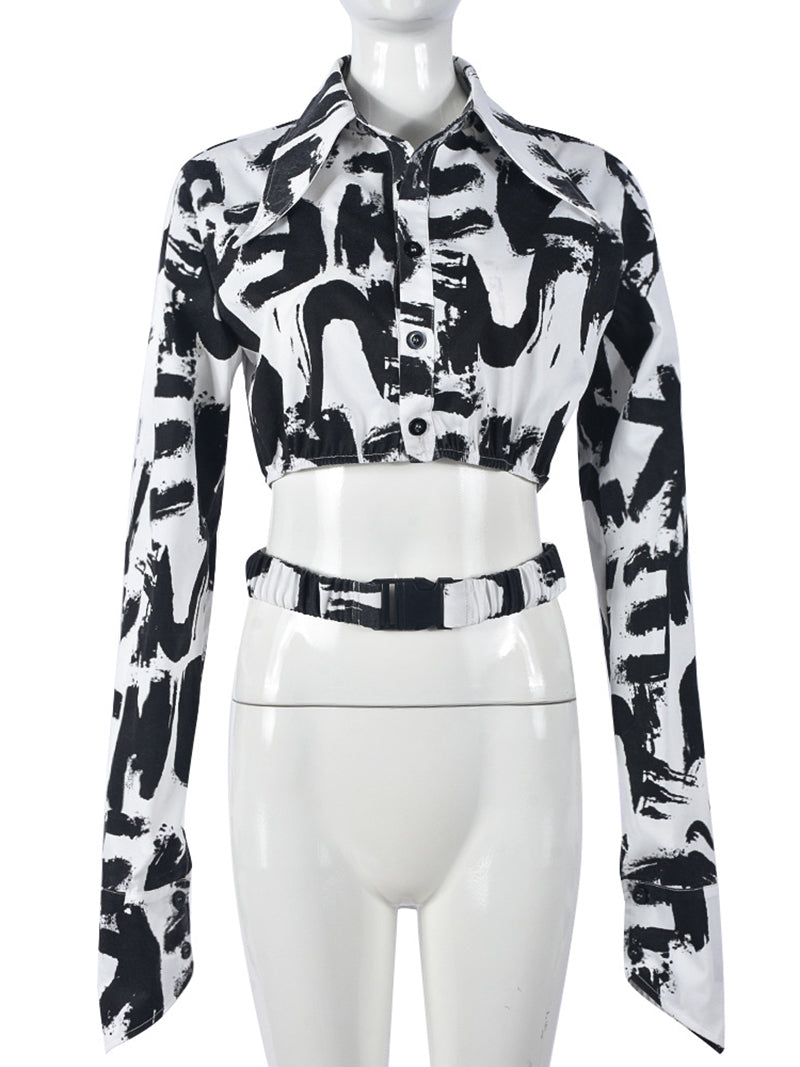 Fashion Print Long Sleeve Crop Shirt